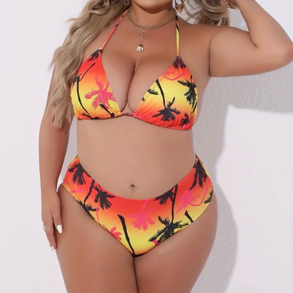 3pc Plus Size Tropical Print Halter Triangle Bikini Set with Cover Up - Picture 11 of 14